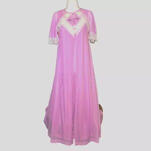 Gossard Artemis Vtg Nightgown Robe Set 60s Pink Peignoir Lingerie Maxi Coquett M